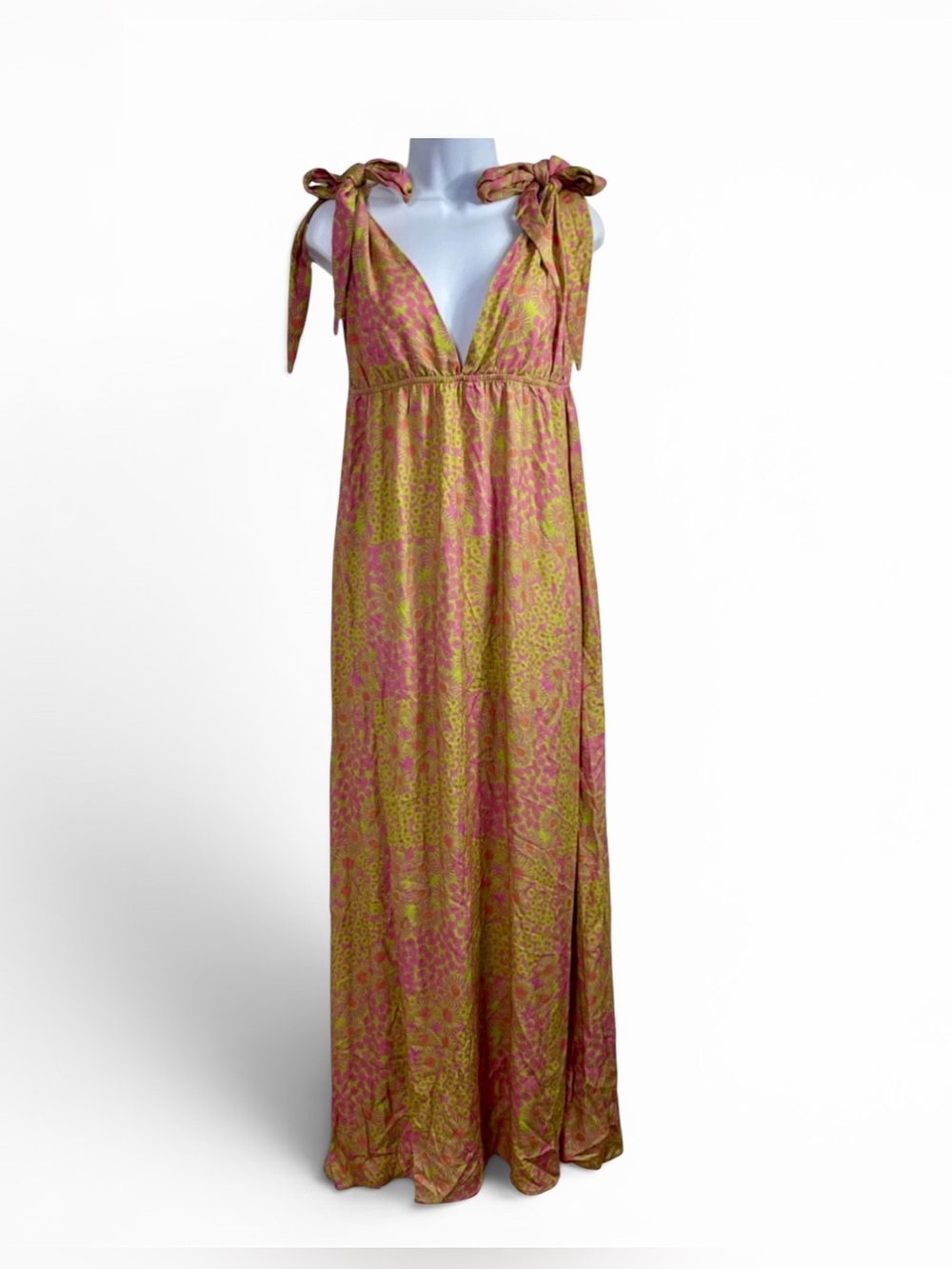 Maaji Pink & Lime Floral Tie Shoulder Maxi Dress Size S
